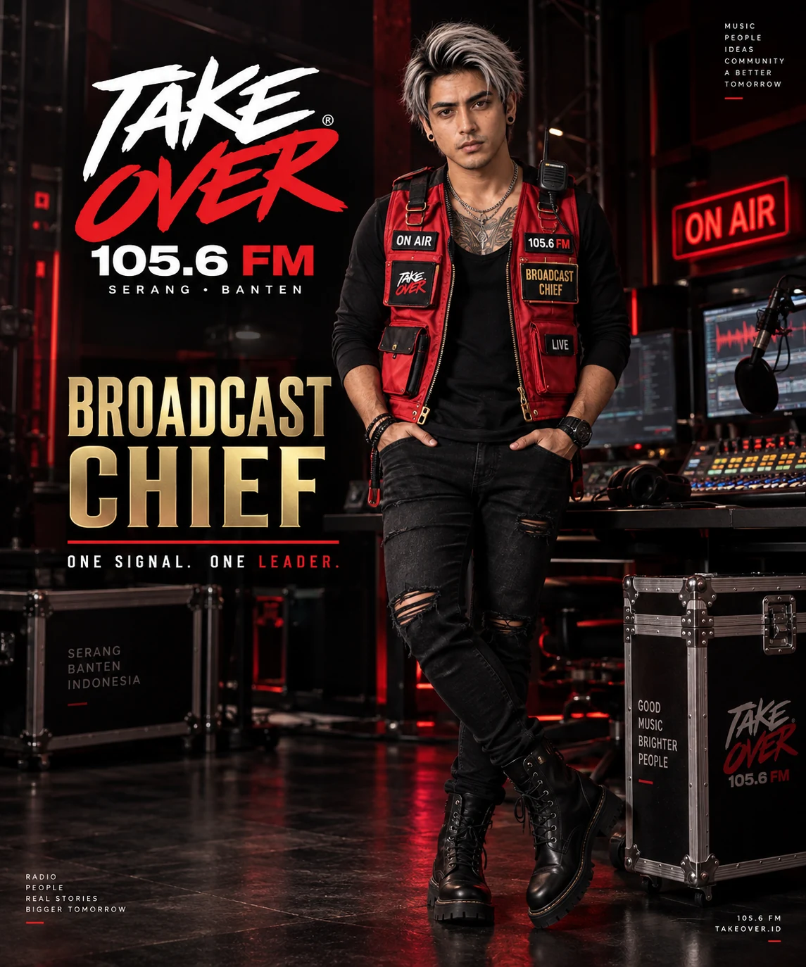 Artwork Broadcast Chief dengan rompi merah di studio TAKE OVER.