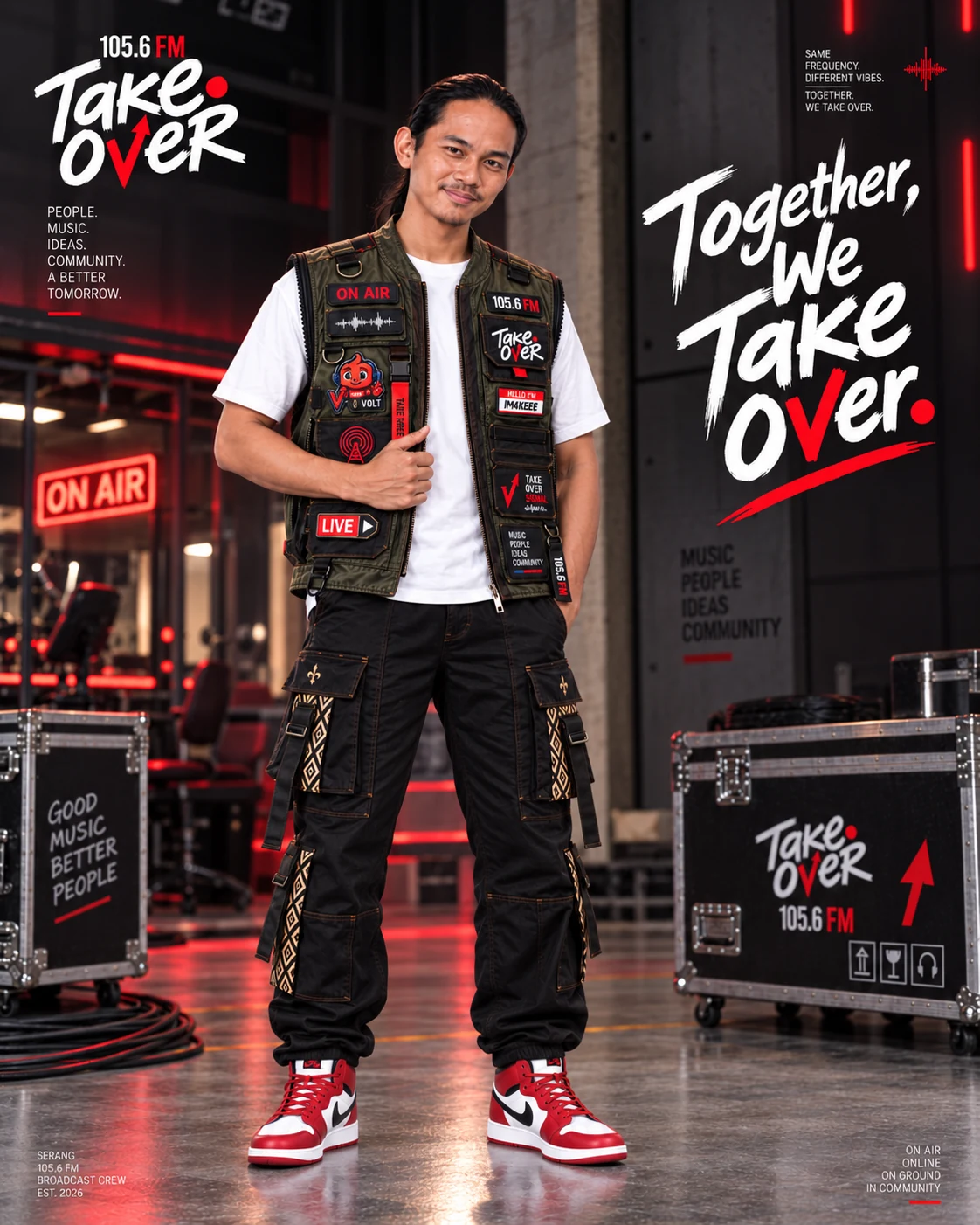 Artwork Yaul dengan rompi kru TAKE OVER di studio.