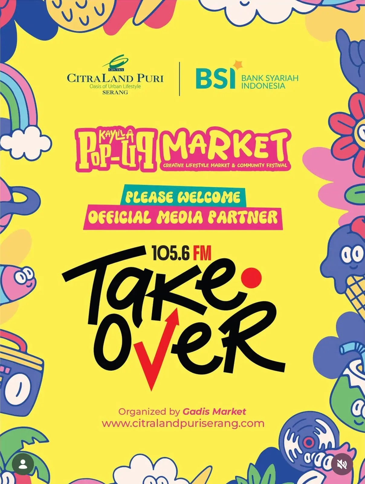 Poster resmi Citraland Puri Pop-Up Market dengan TAKE OVER sebagai official media partner