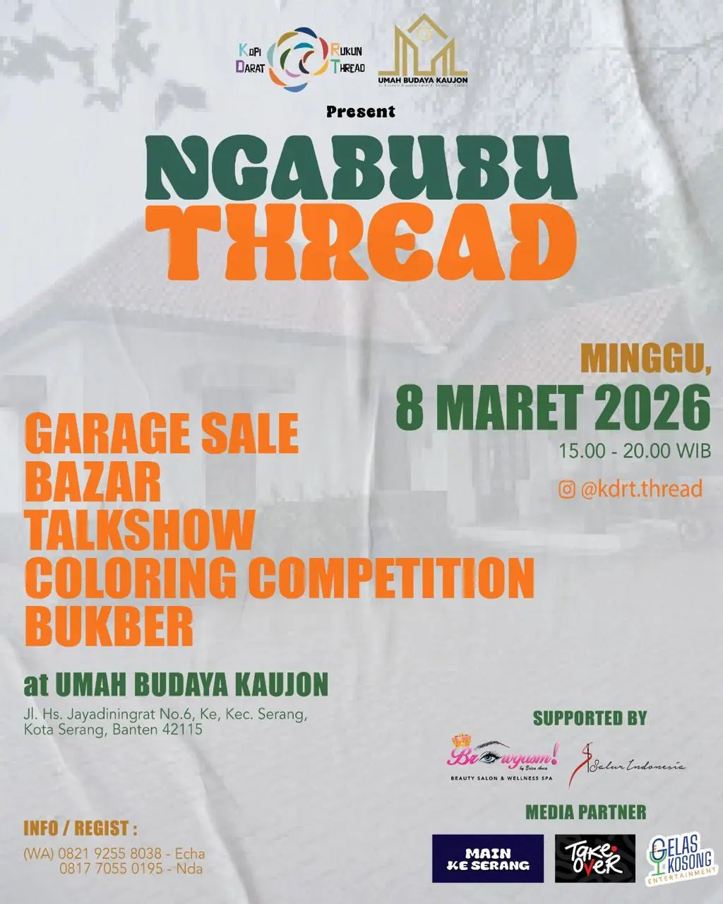 Poster resmi Ngabubu Thread, 8 Maret 2026 di Umah Budaya Kaujon Serang